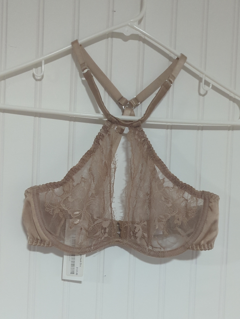 Sheer High-Neck Lace Bralette in Taupe